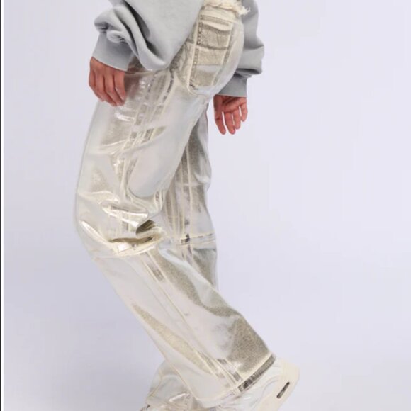 CALLIE LIVES MIZ METALLIC CREAM AKIRA Silver Coated Wide Leg Stretch Jeans M - Picture 3 of 6